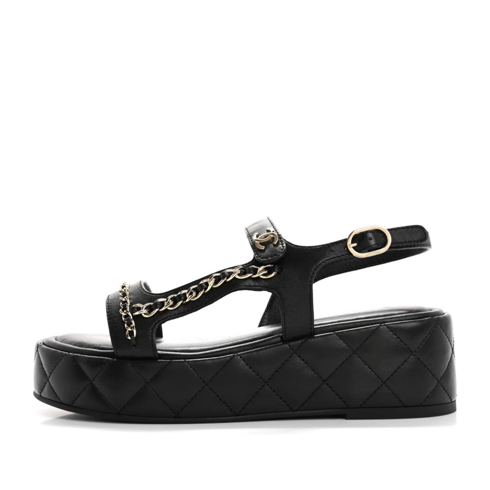 CHANEL Black Platform Sandal with Gold Chain Trim - Picture 10 of 12